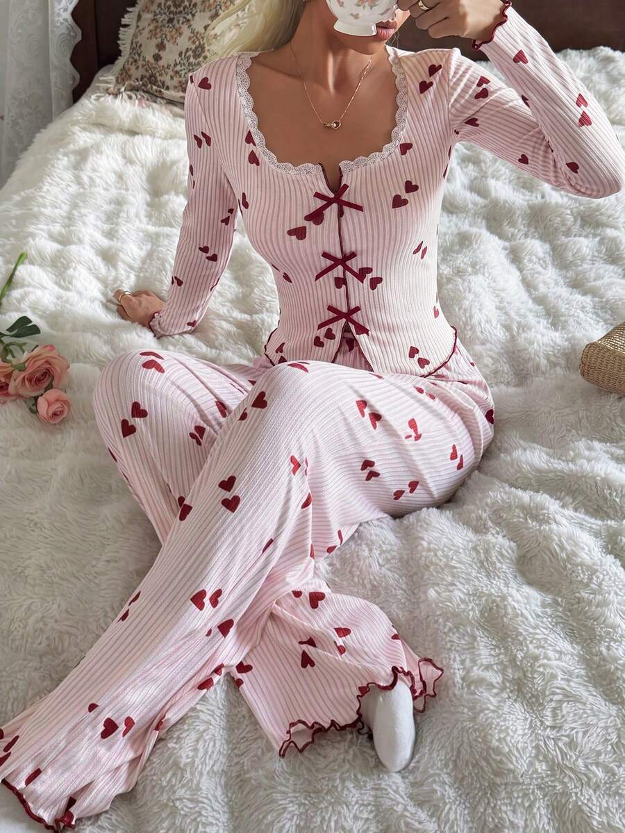 CottageSlumber Romantic Lace Trim Striped Heart Print Knit Textured Bow Decor Long Sleeve Long Pants Pajama Set Autumn/Winter Women - Multicolor - View 1