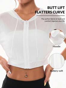 SHEIN Cheerettes 女款大尺碼休閒透視拉鍊連帽運動外套 白色網紗柔軟彈性面料 前拉鍊連帽透氣薄紗健身外套 - 白色 - 查看 1