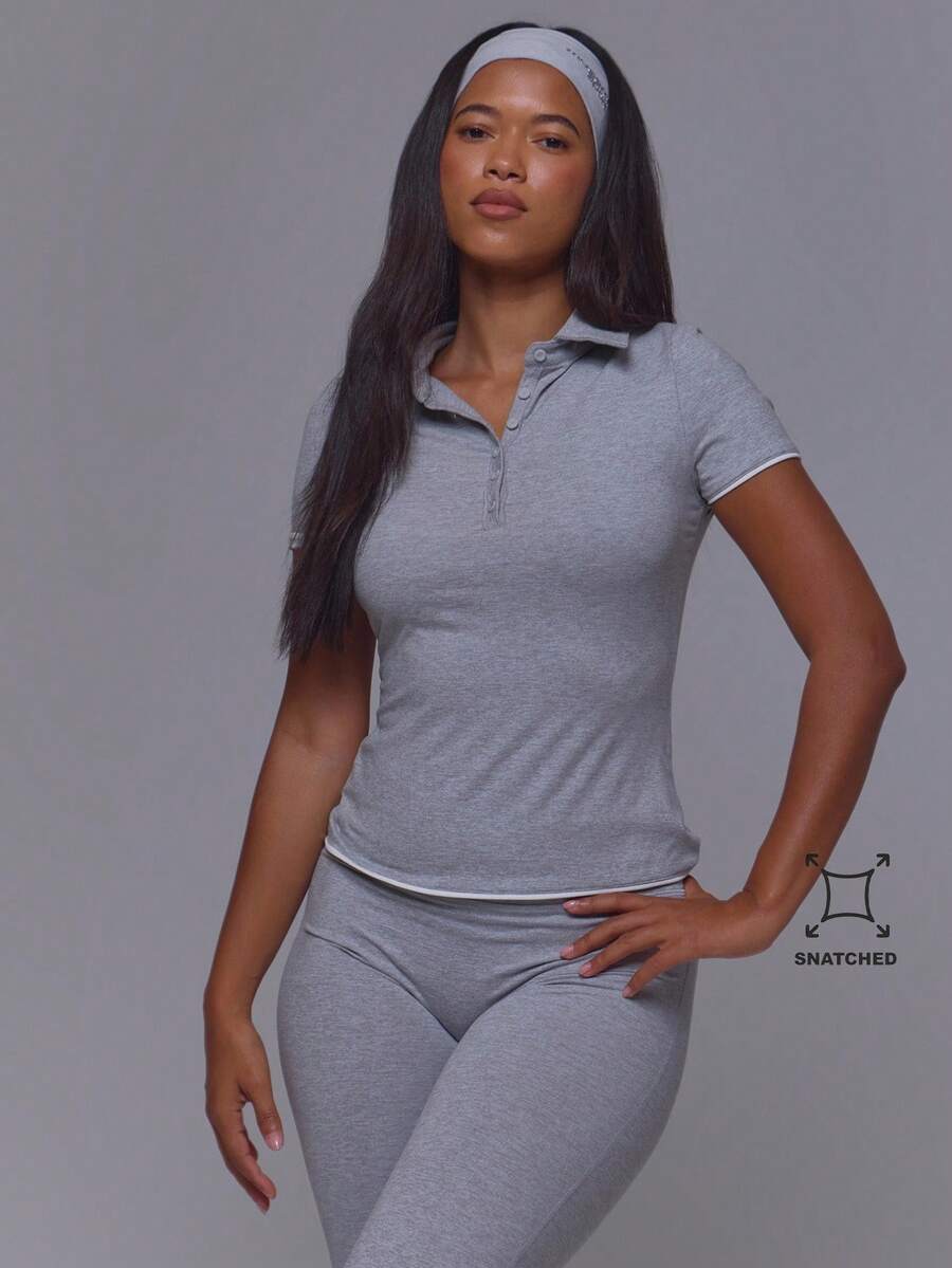 Musera Sport Grey Button Through Collared Contrast Trim Hems Cinched Fitted Active Polo Top Pilates Fitness Daily Casual Everyday Void - Light Grey - View 1