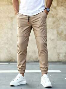 Manfinity Homme Men Slant Pocket Drawstring Waist Pants - Khaki - View 4