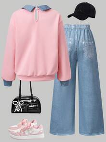 SHEIN Tween女孩 2件/套，適合女孩，活力卡通休閒風，校園日常，春秋套裝，寬鬆，針織，極簡，秋季韓版套頭衫 - 彩色 - 查看 2