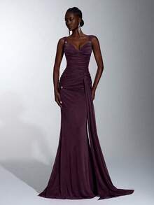 Elitara Elegantes luxuriöses glänzendes feines Glitzer-Mesh-Abendkleid mit Herz-Ausschnitt, Spaghettiträgern, Metallverzierung, Taillen-Twist, seitlich drapiertem Volant, stark verziert, geeignet für Date, Urlaub, Junggesellinnenabschied, Hochzeit und Event - Dunkelviolett - Übersicht 7