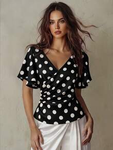 Franclia Blusa de verano de moda para mujer con manga corta, cruzada y estampado de lunares - Negro - Ver 1