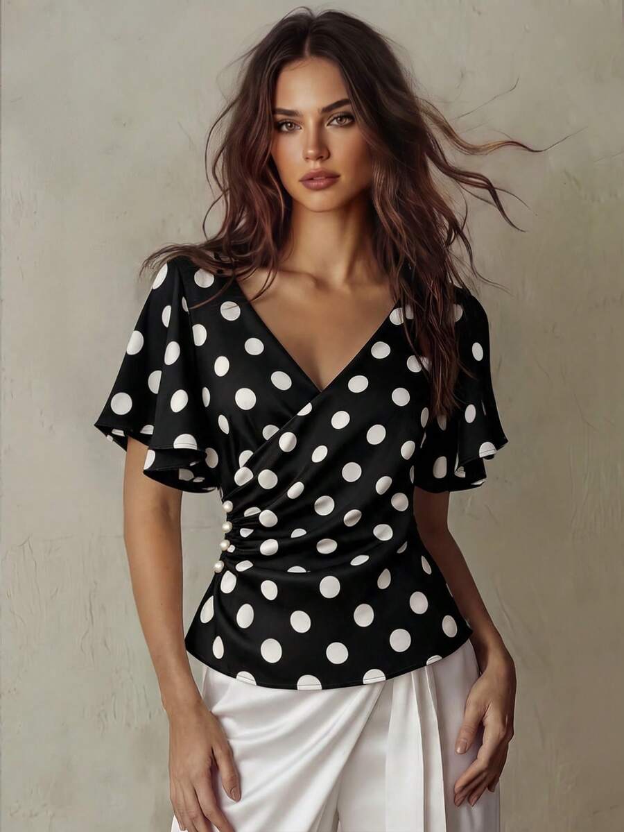 Franclia Blusa de verano de moda para mujer con manga corta, cruzada y estampado de lunares - Negro - Ver 1