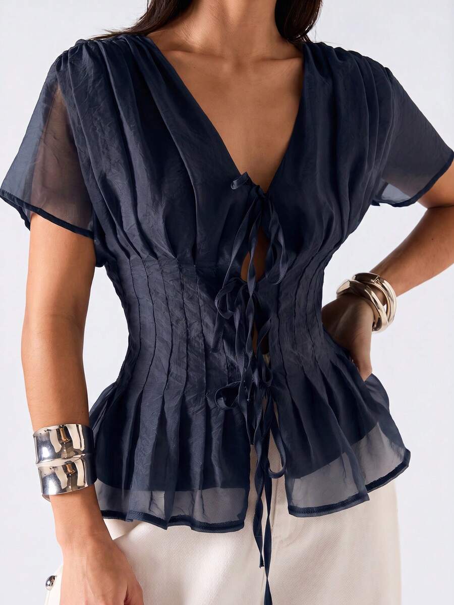 SHEIN EZwear 春夏純色領口百褶休閒浪漫優雅性感百搭日常短袖大尺碼襯衫 早午餐約會之夜 海軍藍 - 藏蓝色 - 查看 1