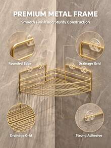 Bathroom Triangular Storage Rack Without Drilling Holes, Suitable For Showers, And For Storing Shampoo And Body Wash Products. - Gold - View 5