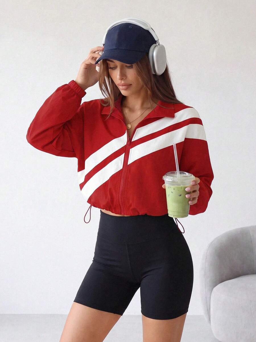 Dewbera Dewbera Jaket Resleting Penuh dengan Tali Serut di Bagian Bawah, Motif Blok Warna Musim Semi/Gugur