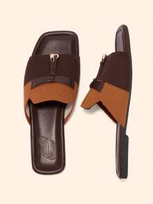 CUCCOO BASICS Square Toe Flat Bottom Brown Building Color Knitted Simple Comfortable Breathable Women's Fashion Flat Bottom Sandals Slippers Daily Versatile Commute - Brown coffee - View 4