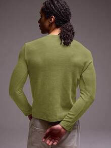 Musero Camiseta de manga larga con tejido de gofre y botones delanteros para hombre, capa superior para primavera&verano - Verde Oliva - Ver 4