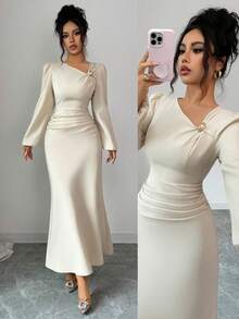Elenzga Women's Elegant Solid Color Metal Decor Asymmetric Collar Long Sleeve Slim Fit Ruched Waist Dress, Elegant Fashion Autumn Office Commute Casual Charming Vintage Dress - Apricot - View 1