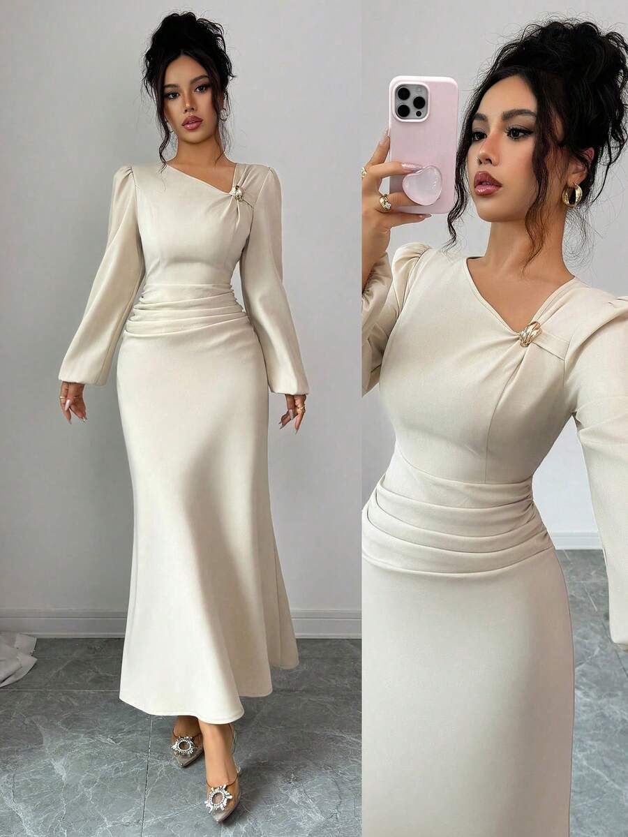 Elenzga Women's Elegant Solid Color Metal Decor Asymmetric Collar Long Sleeve Slim Fit Ruched Waist Dress, Elegant Fashion Autumn Office Commute Casual Charming Vintage Dress - Apricot - View 1