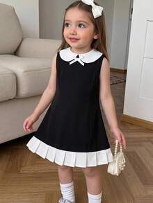 SHEIN Back To School Season Girls Black & White Classic Little Black Dress With Small Collar, Bowknot And Ruffle Hem - Black - View 3
