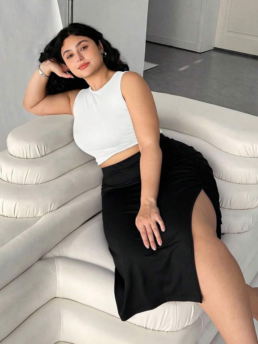 Solflare 2pcs/Set Plus Size Women Black Sleeveless Tank Top & Drawstring Waist Skirt Clothes, Spring Summer - Black and White - View 1