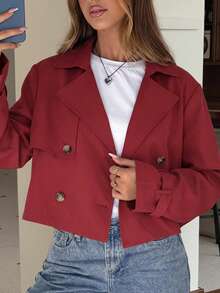 SHEIN EZwear Women's Apricot Solid Color Double-Breasted Cropped Jacket In Fall/Winter - Red - View 1