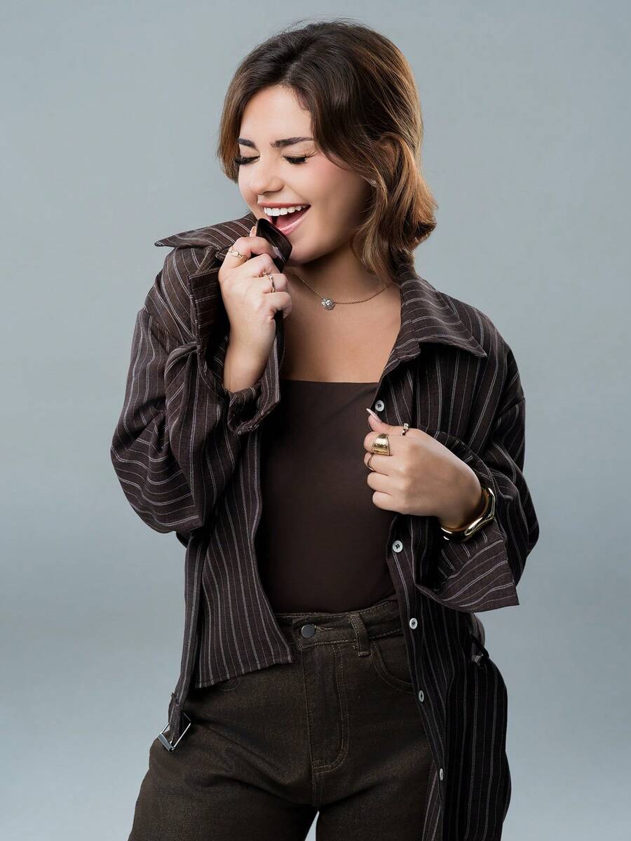 SARA VAULT Autumn Spring Brown Artistic Style Fine Striped Colorblock Patchwork Loose Business Casual Vacation Fashion Street Metal Belt Ruched Button Long Sleeve Women's Shirt - Brown - View 1