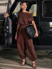 Hauture Women's Sexy Casual High Neck Hooded Multi-Wear Terry Sweatshirt Drawstring Hem Jumpsuit - Brown - View 1