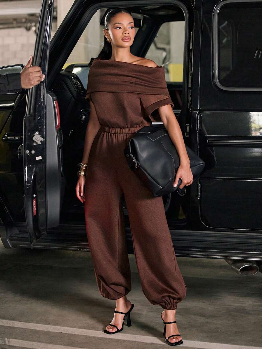 Hauture Women's Sexy Casual High Neck Hooded Multi-Wear Terry Sweatshirt Drawstring Hem Jumpsuit - Brown - View 1