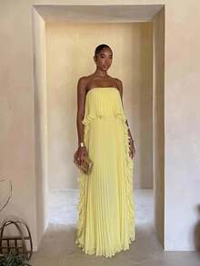 Lumalex New Spring/Summer Pleated Lemon Yellow Lace Trim Bandeau Long Dress Dinner Day Party Elegant - Light Yellow - View 5