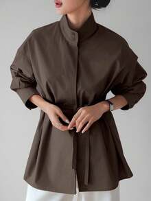 Dazy Tall Women's Waist-Cinching Long Sleeve Button-Down Urban Casual Elegant Blouse Fall - Brown - View 5