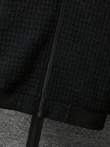 SHEIN Tween Boy Casual College Sports Versatile Black Textured Small Grid Baseball Jacket Coat Suitable For Commuting, School, Daily Casual Outings, Sports, Autumn/Winter - Black - View 8