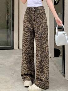 Dazy Tall Women's Leopard Print Loose Straight Leg Street Casual Denim Jeans Fall - Brown - View 7