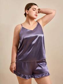 Hourtrue 6pcs Sleepwear Set: Solid Color Faux Silk Camisole And Shorts, Plus Size - Multicolor - View 9