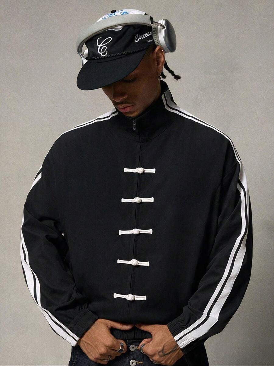 AXEPEAK Men's Street Fashion Frog Button Zipper Striped Long Sleeve Jacket - Black - View 1