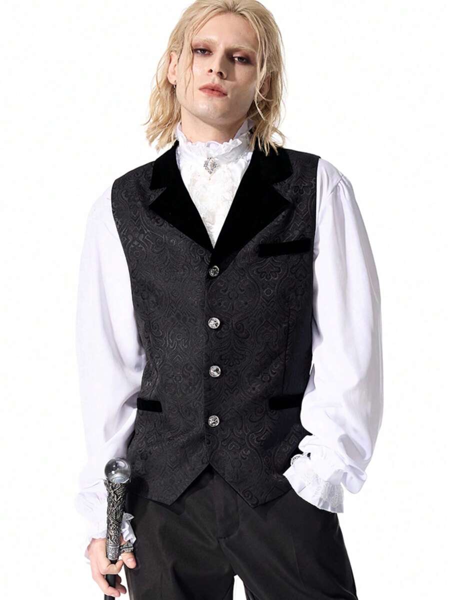 ROMWE MEN Men's Jacquard Lapel NeckSingle-Breasted Business Travel Suit Vest - Black - View 1