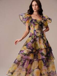 BELROSIE Summer Purple And Yellow Floral Colorblock Organza Ruffle Flutter Sleeve Split Hem Layered Cake Skirt Cinched Waist Women's Dress Wedding Garden - Multicolor - View 6