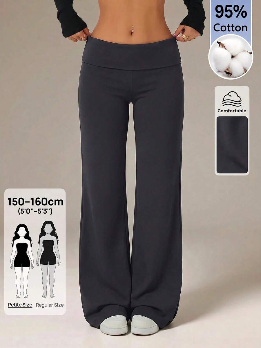 SHEIN PETITE 黑色高腰寬腿寬鬆休閒長褲 - 深灰色 - 查看 1