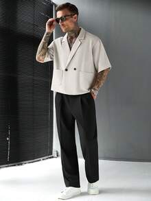 SLATEMANN 男士舒適純色短袖襯衫，極簡大領口配2顆鈕扣，適合正式或休閒場合，休閒度假、用餐聚會、簡單辦公、居家休閒穿著，百搭風格，適合自穿或送禮給朋友，熱銷舒適面料襯衫 - 淺灰色 - 查看 4