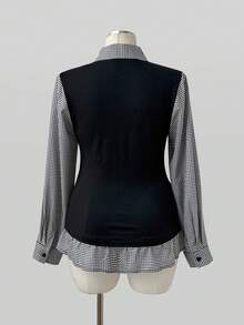 Sunspun Plus Size Fashion Versatile Square Neck Long Sleeve Mixed Fabric Patchwork Frill Trim Cinched Cinched Waist Blouse Fall - Black - View 7