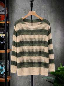 STEELVANCE Sweater Lengan Panjang Bergaris Berongga untuk Pria, Gaya Streetwear, untuk Liburan - Hijau Tentara - View 6