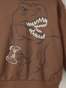 SHEIN 小男孩深綠色休閒針織連帽秋季連身衣 T-shirt，恐龍印花，適合兒童 - 彩色 - 查看 4