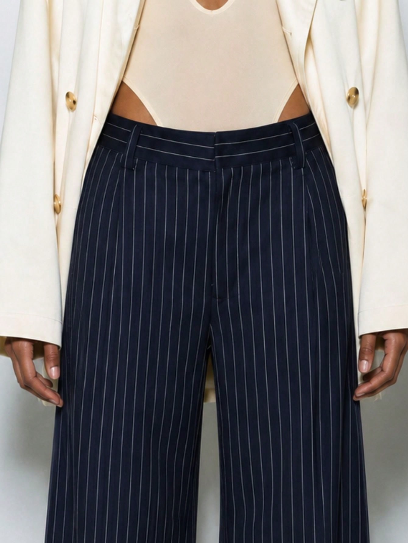 Navy Straight Leg Pinstripe Pleated Trousers Casual Office Daily, view 5