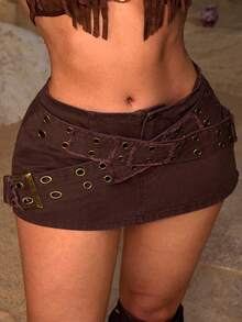 Rivivi Plus Size Women's Fashionable Versatile Denim Mini Skirt With Eyelet Buckle - Brown - View 1