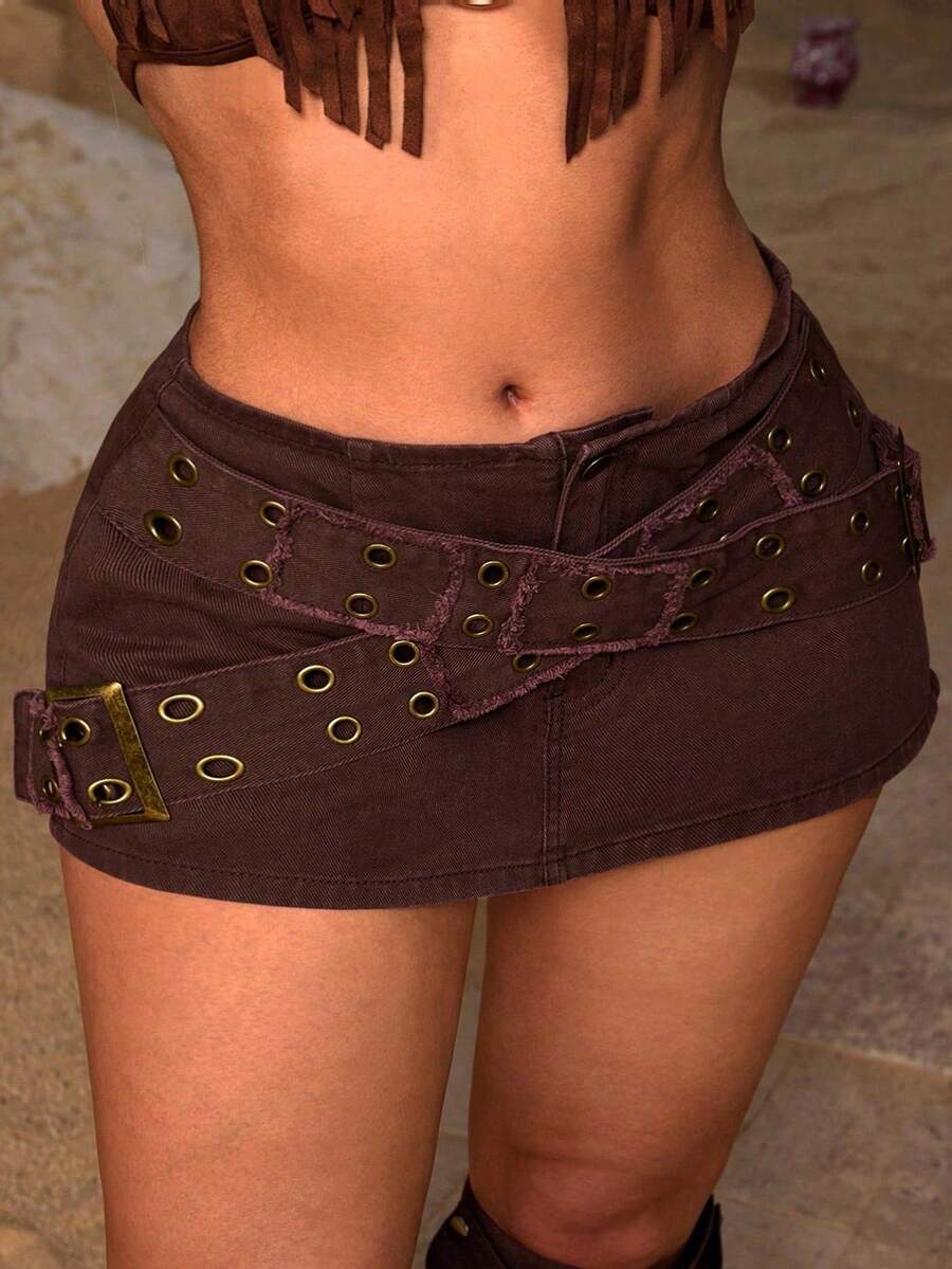 Rivivi Plus Size Women's Fashionable Versatile Denim Mini Skirt With Eyelet Buckle - Brown - View 1