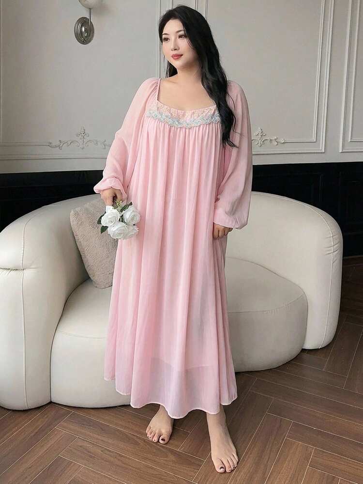 Dazy Plus Plus Size French Sweet Lace Long Sleeve Nightgown, Comfortable - Baby Pink - View 5