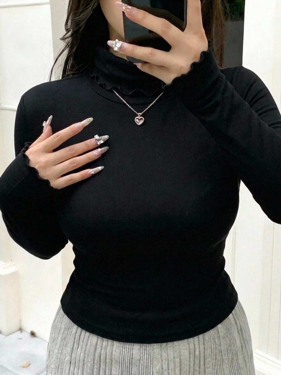 Dazy Plus Solid Color Casual High Neck Spring/Autumn New Black Layering Basic Long Sleeve T-Shirt - Black - View 1