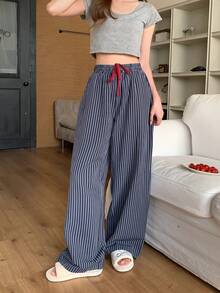 Dazy Tall Women's Elastic Waist Striped Loose Straight Leg Casual Pants - Navy Blue - View 6