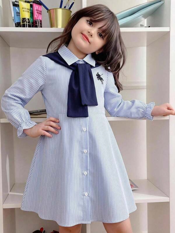 SHEIN Young Girl Young Girl Blue And White Striped Cute Casual Horse Embroidery Pattern Long Sleeve Collared Dress, Long Sleeve Dress, Autumn/Winter Dress, Summer/Autumn, Perfect For Casual Daily Wear And School Daily Wear