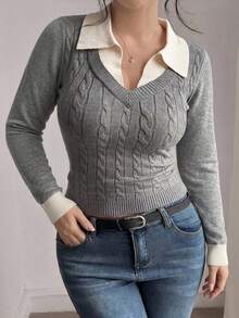 Dazy Plus Sweater Pullover Kasual Seksi untuk Musim Semi dan Gugur dengan Kerah Polo Warna Kontras Motif Patchwork dan Rajutan Kabel Lengan Panjang untuk Wanita, Cocok untuk Musim Semi dan Gugur. - Grey - View 1