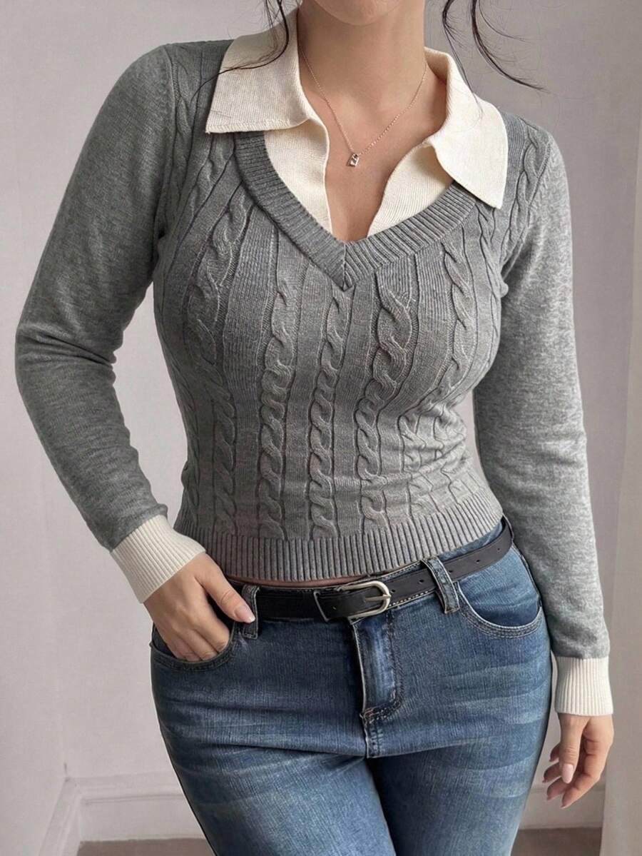 Dazy Plus Sweater Pullover Kasual Seksi untuk Musim Semi dan Gugur dengan Kerah Polo Warna Kontras Motif Patchwork dan Rajutan Kabel Lengan Panjang untuk Wanita, Cocok untuk Musim Semi dan Gugur. - Grey - View 1