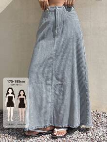 Livesso Tall Women's Striped Long Vacation Style Denim Skirt Fall - Light Wash - View 1