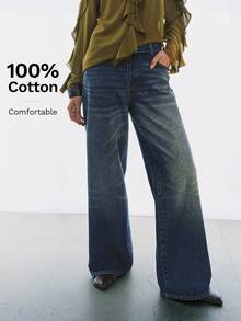 URBAN LOW-WAIST FOLDED WAIST WIDE LEG LONG DENIM JEANS - Blue - View 2