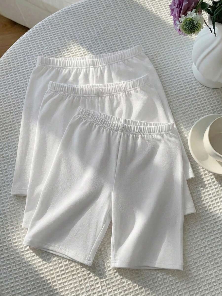 SHEIN 兒童 LMoss 青少年女孩多件裝純色針織騎行緊身褲 - 白色 - 查看 1