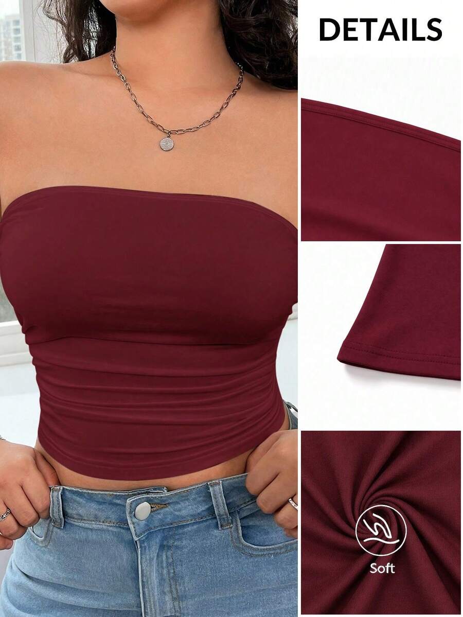 SHEIN EZwear Top tubo ajustado de talla grande para mujer con volantes en unicolor - Burdeos - Ver 1