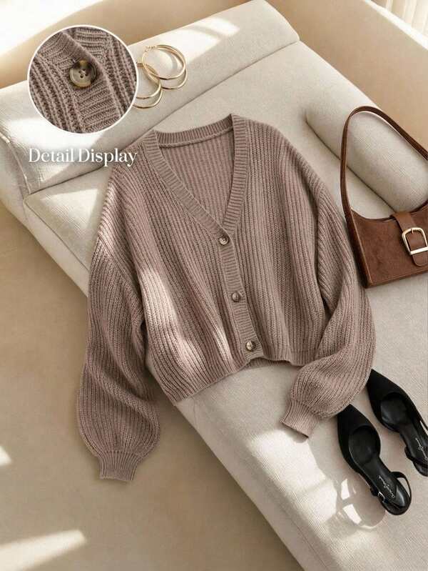 SHEIN EZwear Plus Size Casual Solid Color Lantern Sleeve Cardigan, Apricot Autumn Winter Clothes For Women