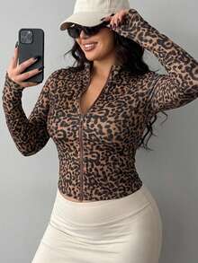 Dazy Plus Plus Size Fall New Brown Print Sports Casual Baggy Fitness Jacket Homewear Office - Brown - View 4