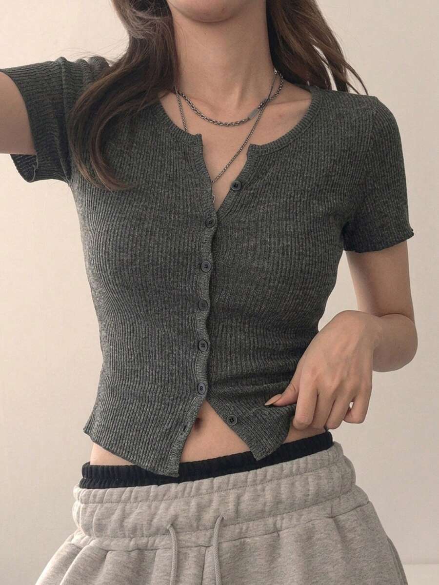 DAZY Women's Fitted Cropped Long Sleeve Ribbed T-Shirt Summer - Grey - View 1
